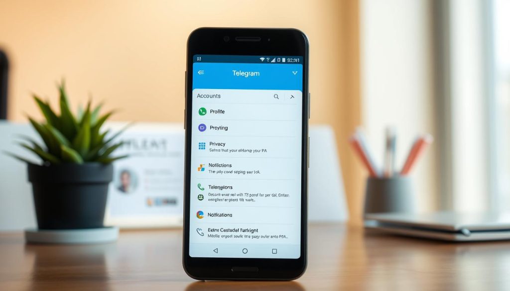 A clear, detailed representation of a smartphone displaying the Telegram account settings interface. In the foreground, the screen should show the vibrant, user-friendly layout of the Telegram app with prominent icons and options like "Profile," "Privacy," and "Notifications." The middle ground features a modern, stylish Android smartphone, sleek and slightly angled to showcase the app display effectively. In the background, a softly blurred workspace setting with a clean desk, a potted plant, and ambient lighting that creates a warm, inviting atmosphere. The lighting should be bright, emphasizing the clarity and color of the smartphone's screen. The mood is professional yet approachable, ideal for illustrating the account setup process. A clear, detailed representation of a smartphone displaying the Telegram account settings interface. In the foreground, the screen should show the vibrant, user-friendly layout of the Telegram app with prominent icons and options like "Profile," "Privacy," and "Notifications." The middle ground features a modern, stylish Android smartphone, sleek and slightly angled to showcase the app display effectively. In the background, a softly blurred workspace setting with a clean desk, a potted plant, and ambient lighting that creates a warm, inviting atmosphere. The lighting should be bright, emphasizing the clarity and color of the smartphone's screen. The mood is professional yet approachable, ideal for illustrating the account setup process.