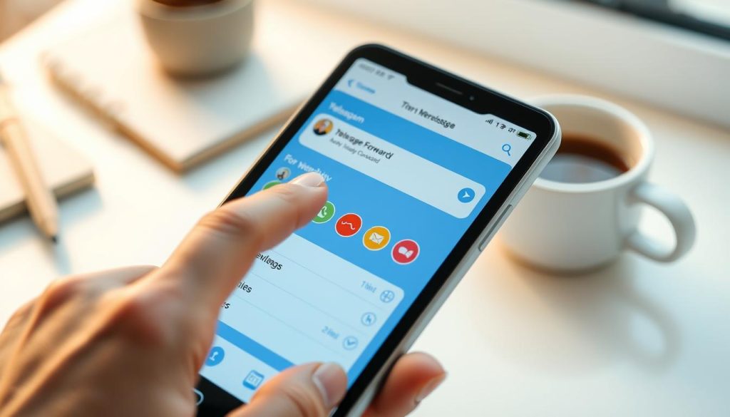 A close-up of an iOS device displaying the Telegram app interface, showcasing the message forwarding feature. The screen is brightly lit, with a clear view of the chat interface and highlighted messages ready for forwarding. In the foreground, a hand dressed in smart casual attire gently taps on the screen, illustrating the action of forwarding a message. In the middle ground, there are vibrant icons representing various contacts, with a subtle blur effect to denote movement and focus on the device. The background features a softly blurred workspace with a notebook and a coffee cup, adding a professional yet relaxed atmosphere to the scene. The overall lighting is warm and inviting, capturing the essence of digital communication. A close-up of an iOS device displaying the Telegram app interface, showcasing the message forwarding feature. The screen is brightly lit, with a clear view of the chat interface and highlighted messages ready for forwarding. In the foreground, a hand dressed in smart casual attire gently taps on the screen, illustrating the action of forwarding a message. In the middle ground, there are vibrant icons representing various contacts, with a subtle blur effect to denote movement and focus on the device. The background features a softly blurred workspace with a notebook and a coffee cup, adding a professional yet relaxed atmosphere to the scene. The overall lighting is warm and inviting, capturing the essence of digital communication.