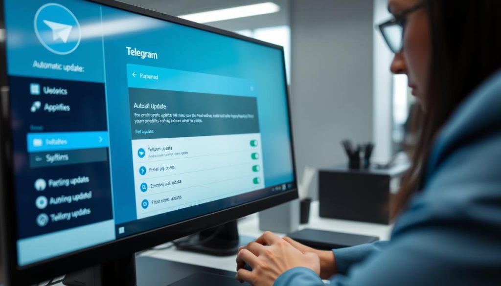 A close-up view of a computer screen displaying the Telegram application with a focus on the automatic update settings interface. The screen features a sleek, modern design, with vibrant colors highlighting the update options. In the foreground, a person in professional attire is interacting with a mouse, looking intently at the screen, reflecting concentration and engagement. The setting is a contemporary office with soft, ambient lighting creating a calm atmosphere, while a few office supplies are visible in the blurred background, adding depth. The overall mood is one of productivity and technology, inviting viewers to explore the ease of setting up automatic updates for Telegram. The angle captures the screen clearly while framing the person and their workspace.