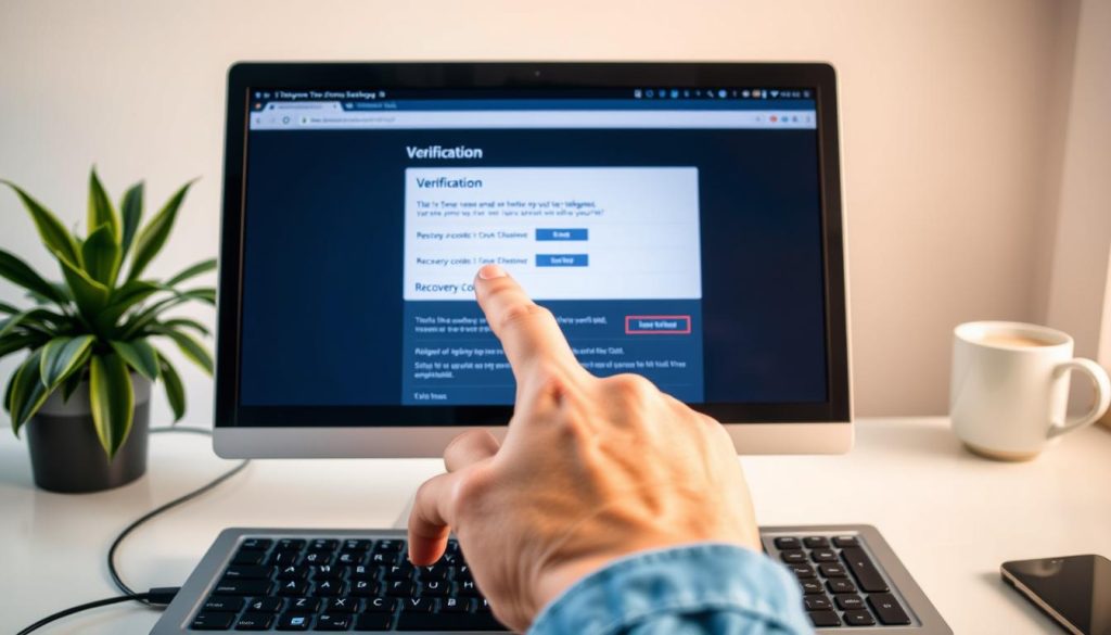 A close-up view of a computer screen displaying the Telegram two-step verification settings page. In the foreground, a pair of hands are poised over a keyboard, one hand pointing to the screen as if highlighting important sections. In the middle, the screen shows the various verification options, including 2FA setup and recovery codes, designed with a modern interface and vibrant colors. The background includes a soft-focus of a cozy workspace with a plant and a coffee cup, creating an inviting atmosphere. The lighting is warm and natural, suggesting a daytime setting. The composition conveys a sense of clarity and professionalism, perfect for illustrating detailed instructions. A close-up view of a computer screen displaying the Telegram two-step verification settings page. In the foreground, a pair of hands are poised over a keyboard, one hand pointing to the screen as if highlighting important sections. In the middle, the screen shows the various verification options, including 2FA setup and recovery codes, designed with a modern interface and vibrant colors. The background includes a soft-focus of a cozy workspace with a plant and a coffee cup, creating an inviting atmosphere. The lighting is warm and natural, suggesting a daytime setting. The composition conveys a sense of clarity and professionalism, perfect for illustrating detailed instructions.