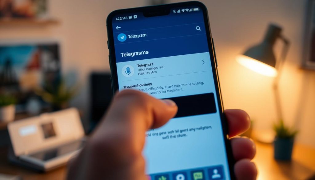 A close-up view of a smartphone displaying the Telegram interface, focusing on the microphone permission settings. The foreground features a hand navigating the app, with the microphone icon highlighted in vibrant colors. In the middle section, a blurred background showcases a cozy home office environment with soft lighting, emphasizing a sense of calm and focus. Warm, inviting tones dominate the scene, creating a technical yet friendly atmosphere. The smartphone screen reflects a clear, user-friendly design, focusing on the microphone settings, suggesting troubleshooting steps without any text overlays. The angle captures the essence of a modern digital workspace, emphasizing clarity and ease of access.