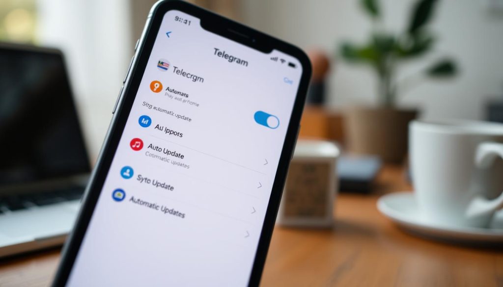 A close-up view of an iPhone screen displaying the Telegram app interface, showcasing the settings for automatic updates. The foreground focuses on the vibrant app icons and the toggle switches within the settings menu, highlighting the “Auto Update” feature. The middle ground features blurred elements of a cozy home environment, such as a desk with a laptop and a coffee mug, suggesting a tech-savvy lifestyle. The background maintains a soft bokeh effect, emphasizing a warm, inviting atmosphere with soft lighting that simulates natural daylight. Use focal depth to draw attention to the iPhone screen, reflecting a sense of modern technology and convenience. The overall mood is calm and focused, perfect for illustrating the ease of setting up automatic updates.