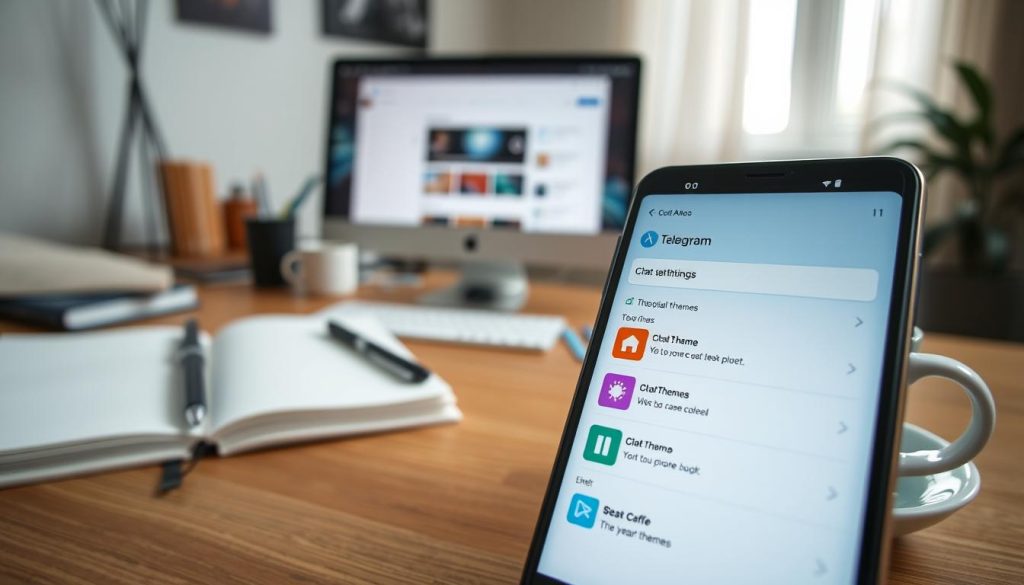 A cozy, modern workspace featuring a smartphone displaying the Telegram app's chat theme settings interface. In the foreground, a close-up of the device shows colorful theme options with vibrant colors and a clean layout. Next to the phone, a stylish notebook and a cup of coffee suggest an engaged user customizing their app. In the middle, a desktop computer with an open web browser highlights Telegram's features, adding depth to the scene. The background includes soft, natural lighting filtering through a window, creating a warm and inviting atmosphere. The overall mood is productive and tech-savvy, ideal for illustrating the customization of chat themes in the Telegram app. A cozy, modern workspace featuring a smartphone displaying the Telegram app's chat theme settings interface. In the foreground, a close-up of the device shows colorful theme options with vibrant colors and a clean layout. Next to the phone, a stylish notebook and a cup of coffee suggest an engaged user customizing their app. In the middle, a desktop computer with an open web browser highlights Telegram's features, adding depth to the scene. The background includes soft, natural lighting filtering through a window, creating a warm and inviting atmosphere. The overall mood is productive and tech-savvy, ideal for illustrating the customization of chat themes in the Telegram app.