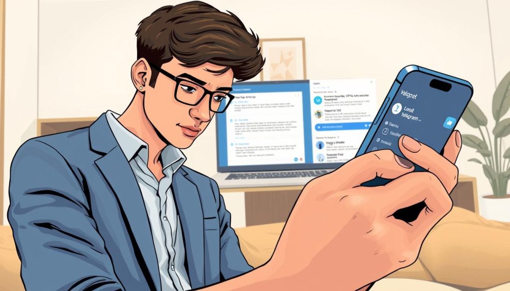 A detailed illustration depicting a person troubleshooting a microphone issue in the Telegram app. In the foreground, a young professional wearing smart casual attire is intently looking at a smartphone and adjusting the microphone settings with a pensive expression. In the middle, a laptop displays the Telegram interface, showcasing a detailed troubleshooting guide. The background consists of a well-lit, modern home office with neutral tones and soft lighting, creating an inviting atmosphere. The focus is on the mobile device and the user's interaction, emphasizing the theme of problem-solving. The image captures a sense of determination and technical engagement, with a clean composition that highlights the subject matter without distractions.