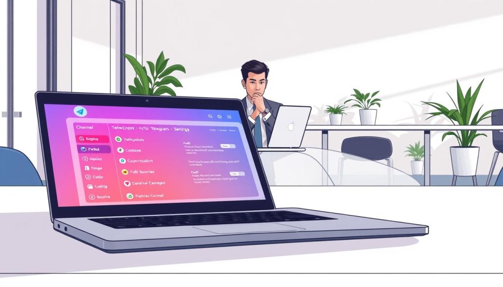 A detailed illustration depicting the concept of "频道设置" in a professional and engaging manner. In the foreground, a sleek laptop displays the Telegram interface with vibrant colors, showcasing various options for channel settings, such as profile customization and subscriber management. In the middle ground, a thoughtful individual, dressed in business casual attire, sits at a clean, modern desk, intently focused on their laptop. Soft, natural lighting illuminates the scene, casting gentle shadows, while potted plants add a touch of freshness. In the background, a minimalist office environment is visible, emphasizing a productive atmosphere. The overall mood conveys a sense of innovation and professionalism, inviting viewers to explore the possibilities of optimizing a Telegram channel. A detailed illustration depicting the concept of "频道设置" in a professional and engaging manner. In the foreground, a sleek laptop displays the Telegram interface with vibrant colors, showcasing various options for channel settings, such as profile customization and subscriber management. In the middle ground, a thoughtful individual, dressed in business casual attire, sits at a clean, modern desk, intently focused on their laptop. Soft, natural lighting illuminates the scene, casting gentle shadows, while potted plants add a touch of freshness. In the background, a minimalist office environment is visible, emphasizing a productive atmosphere. The overall mood conveys a sense of innovation and professionalism, inviting viewers to explore the possibilities of optimizing a Telegram channel.