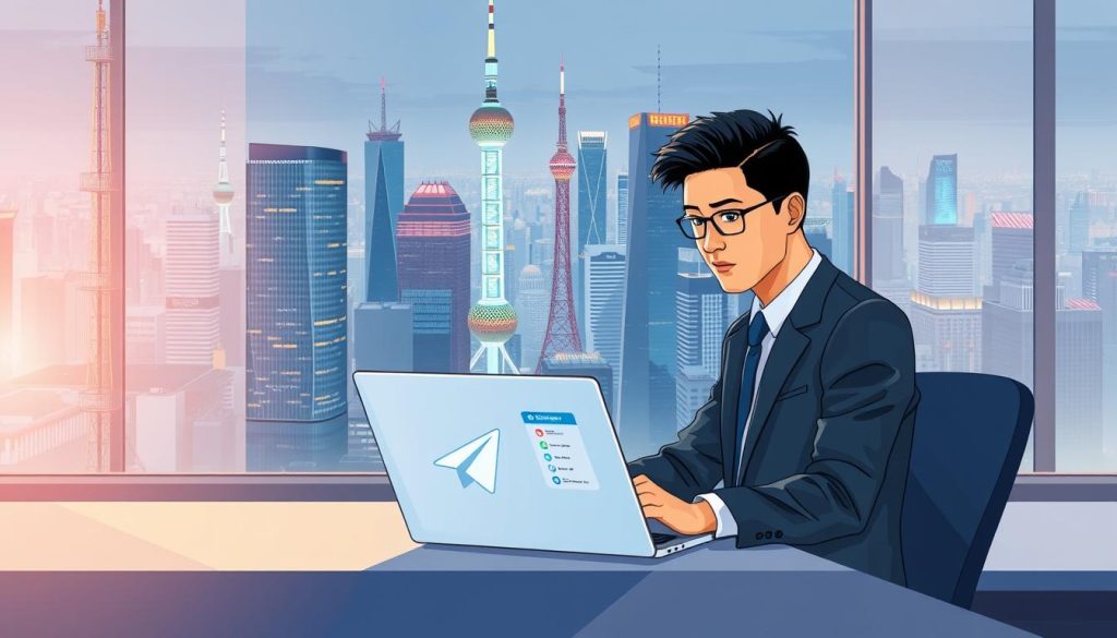 A detailed illustration of a modern urban environment representing ways to access Telegram in China. In the foreground, a professional-looking individual in business attire sits at a sleek desk, intently using a laptop with the Telegram interface visible on the screen. The middle ground features a large window showcasing a bustling cityscape with high-tech buildings and communication towers, symbolizing connectivity. In the background, soft, ambient lighting illuminates the scene, creating a warm yet focused atmosphere. The overall mood conveys innovation and accessibility, capturing the essence of finding digital solutions within an urban landscape. Enhance the image with subtle digital motifs and light flares to emphasize the theme of technology and communication.