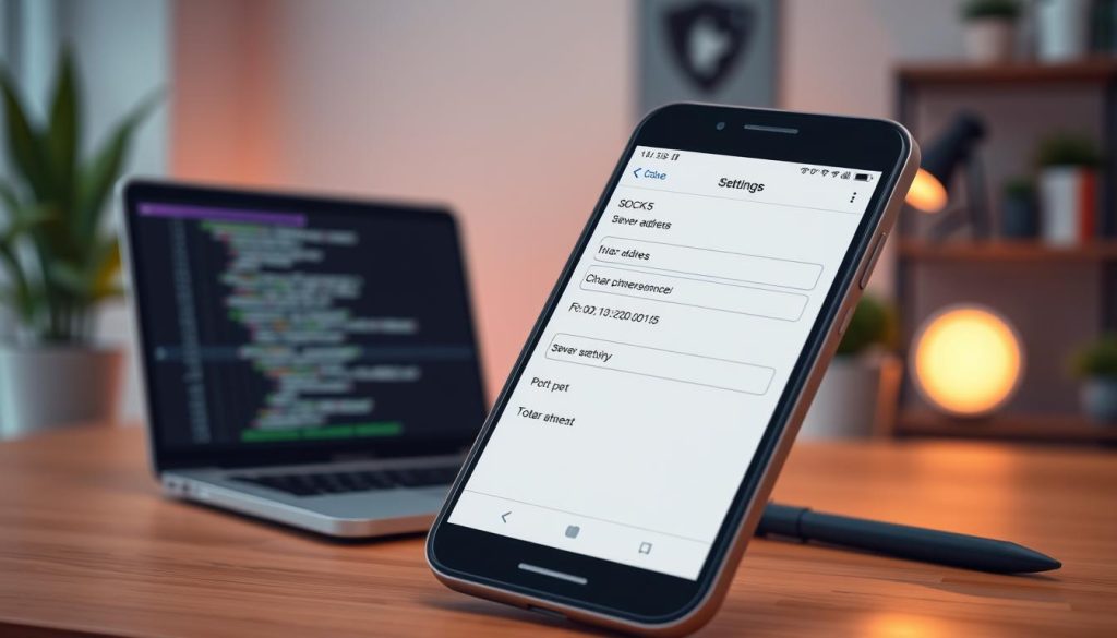 A detailed illustration of the SOCKS5 proxy settings in the Telegram app interface, set in a modern, tech-focused environment. The foreground features a smartphone displaying the Telegram app with the SOCKS5 settings opened, showcasing input fields for server address, port, and username in a sleek, user-friendly design. The middle ground includes a laptop on a wooden desk with a blurred coding interface visible, suggesting a developer's workspace. The background is softly lit with warm light, featuring minimalist decor like plants and shelves with technology books. The atmosphere should feel professional yet approachable, emphasizing the practical steps to set up VPN proxies in Telegram, captured from a slightly elevated angle for clarity and depth. A detailed illustration of the SOCKS5 proxy settings in the Telegram app interface, set in a modern, tech-focused environment. The foreground features a smartphone displaying the Telegram app with the SOCKS5 settings opened, showcasing input fields for server address, port, and username in a sleek, user-friendly design. The middle ground includes a laptop on a wooden desk with a blurred coding interface visible, suggesting a developer's workspace. The background is softly lit with warm light, featuring minimalist decor like plants and shelves with technology books. The atmosphere should feel professional yet approachable, emphasizing the practical steps to set up VPN proxies in Telegram, captured from a slightly elevated angle for clarity and depth.