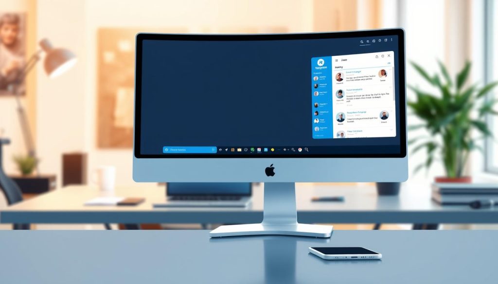 A detailed illustration of the Telegram web interface navigation, prominently featuring the main chat window with vibrant icons and user avatars on the left-hand sidebar. The foreground shows a sleek computer screen displaying the Telegram web layout, with clean lines and modern design elements. The middle ground contains a blurred workspace with a stylish desk, neatly organized with a laptop and smartphone, emphasizing a professional atmosphere. The background portrays a softly illuminated office space with warm lighting, creating an inviting and productive mood. The overall color palette includes shades of blue and white, aligning with Telegram's branding, while maintaining a subtle focus on usability and functionality. The image captures the essence of navigating the Telegram web app effectively. A detailed illustration of the Telegram web interface navigation, prominently featuring the main chat window with vibrant icons and user avatars on the left-hand sidebar. The foreground shows a sleek computer screen displaying the Telegram web layout, with clean lines and modern design elements. The middle ground contains a blurred workspace with a stylish desk, neatly organized with a laptop and smartphone, emphasizing a professional atmosphere. The background portrays a softly illuminated office space with warm lighting, creating an inviting and productive mood. The overall color palette includes shades of blue and white, aligning with Telegram's branding, while maintaining a subtle focus on usability and functionality. The image captures the essence of navigating the Telegram web app effectively.
