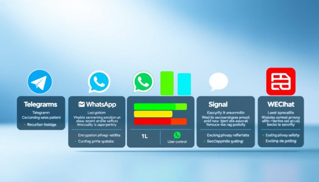 A detailed infographic comparing the security features of Telegram and other popular messaging apps. In the foreground, a clean layout showcasing icons representing Telegram, WhatsApp, Signal, and WeChat, each with visual indicators highlighting security aspects like encryption, privacy policies, and user control. In the middle ground, a stylized bar graph visually depicting the comparative safety ratings of these platforms, using bright colors for visibility. The background is a soft gradient of blue and white, creating a tech-savvy atmosphere. Soft, diffused lighting enhances clarity and focuses attention on the foreground elements. The scene conveys a sense of trust and professionalism, suitable for a tech-oriented article, while maintaining a modern and sleek design. A detailed infographic comparing the security features of Telegram and other popular messaging apps. In the foreground, a clean layout showcasing icons representing Telegram, WhatsApp, Signal, and WeChat, each with visual indicators highlighting security aspects like encryption, privacy policies, and user control. In the middle ground, a stylized bar graph visually depicting the comparative safety ratings of these platforms, using bright colors for visibility. The background is a soft gradient of blue and white, creating a tech-savvy atmosphere. Soft, diffused lighting enhances clarity and focuses attention on the foreground elements. The scene conveys a sense of trust and professionalism, suitable for a tech-oriented article, while maintaining a modern and sleek design.