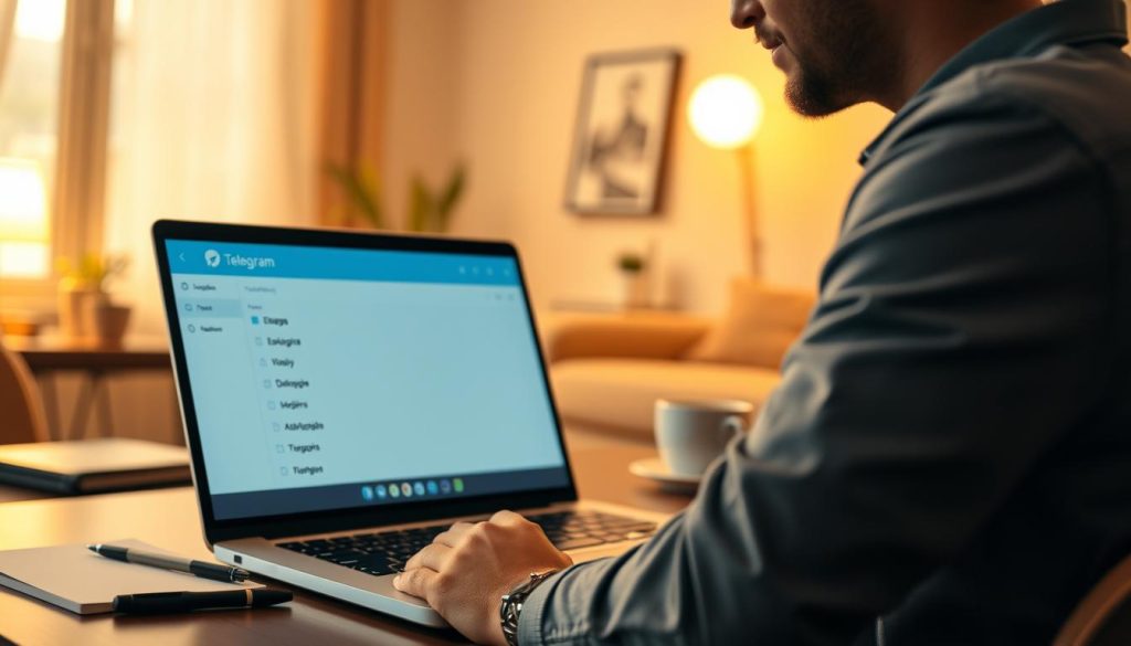 A detailed scene of a computer screen displaying the desktop version of Telegram, focusing on the language settings menu. The foreground features a sleek, modern laptop with an illuminated display showing the Telegram interface, with various language options visible. The middle ground includes elements like a stylish desk with a notepad, a pen, and a mug of coffee, enhancing the workspace feel. In the background, a softly blurred room is illuminated by warm ambient lighting, creating a cozy atmosphere. The camera angle is slightly tilted from above, providing a comprehensive view of the screen while capturing the watchful observer in business casual attire, engaged in the task. The overall mood is productive and inviting, emphasizing ease of use and accessibility of the language settings. A detailed scene of a computer screen displaying the desktop version of Telegram, focusing on the language settings menu. The foreground features a sleek, modern laptop with an illuminated display showing the Telegram interface, with various language options visible. The middle ground includes elements like a stylish desk with a notepad, a pen, and a mug of coffee, enhancing the workspace feel. In the background, a softly blurred room is illuminated by warm ambient lighting, creating a cozy atmosphere. The camera angle is slightly tilted from above, providing a comprehensive view of the screen while capturing the watchful observer in business casual attire, engaged in the task. The overall mood is productive and inviting, emphasizing ease of use and accessibility of the language settings.