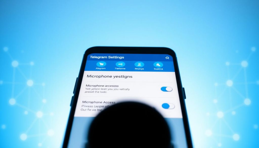 A detailed screenshot of the "Telegram app permissions settings" interface, prominently featuring microphone access options. In the foreground, clearly visible toggles for microphone permissions are set against a sleek, modern interface. The middle ground includes icons representing privacy features, with a soft blue and white color scheme that reflects Telegram's branding. In the background, there is a subtle gradient emphasizing a tech-savvy atmosphere, with abstract digital shapes hinting at connectivity and communication. The lighting is bright and neutral, enhancing readability and clarity of the text fields. The angle is slightly tilted to provide a dynamic view of the app interface, creating a professional and informative mood suitable for a tech article. No words or text overlays are present in the image.