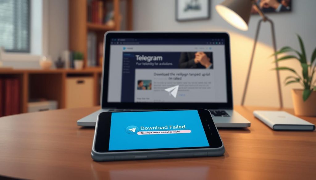A digital illustration depicting a smartphone on a desk, showing the Telegram logo with an error symbol. In the foreground, the smartphone screen prominently displays a "Download Failed" message in a clear, readable format. The middle layer includes a pair of hands (dressed in smart casual attire) working on a laptop with a webpage featuring troubleshooting tips for downloading Telegram on Android. In the background, soft-focus elements suggest a cozy room with warm lighting, including a bookshelf and a potted plant, creating a calm and problem-solving atmosphere. The image conveys a sense of approachability and helpfulness, inviting the viewer to explore solutions.