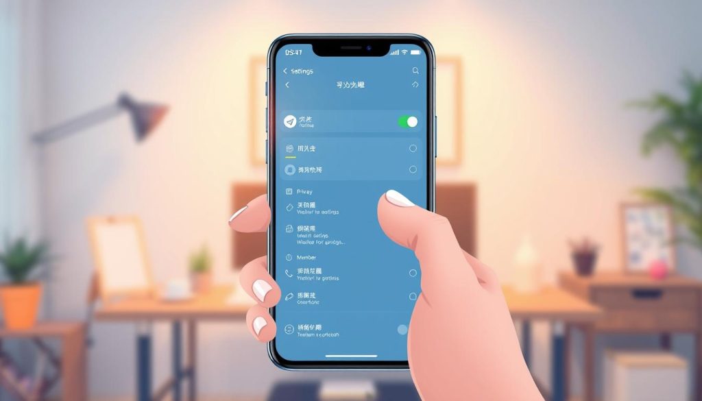 A digital illustration depicting the concept of "群组设置" in a vibrant and modern style, featuring a clean and user-friendly interface of a Telegram group settings page on a sleek mobile device. In the foreground, a hand is gently navigating the touchscreen with various setting options visibly displayed, such as group name, privacy settings, and member management. In the middle background, a subtle gradient highlights the digital space, suggesting depth and interaction. The background is a soft blur of a cozy home office environment with warm lighting, creating an inviting atmosphere. The overall mood is professional yet accessible, showcasing the ease of customizing a Telegram group. Focus on clarity and functionality, without any text overlays or distractions.