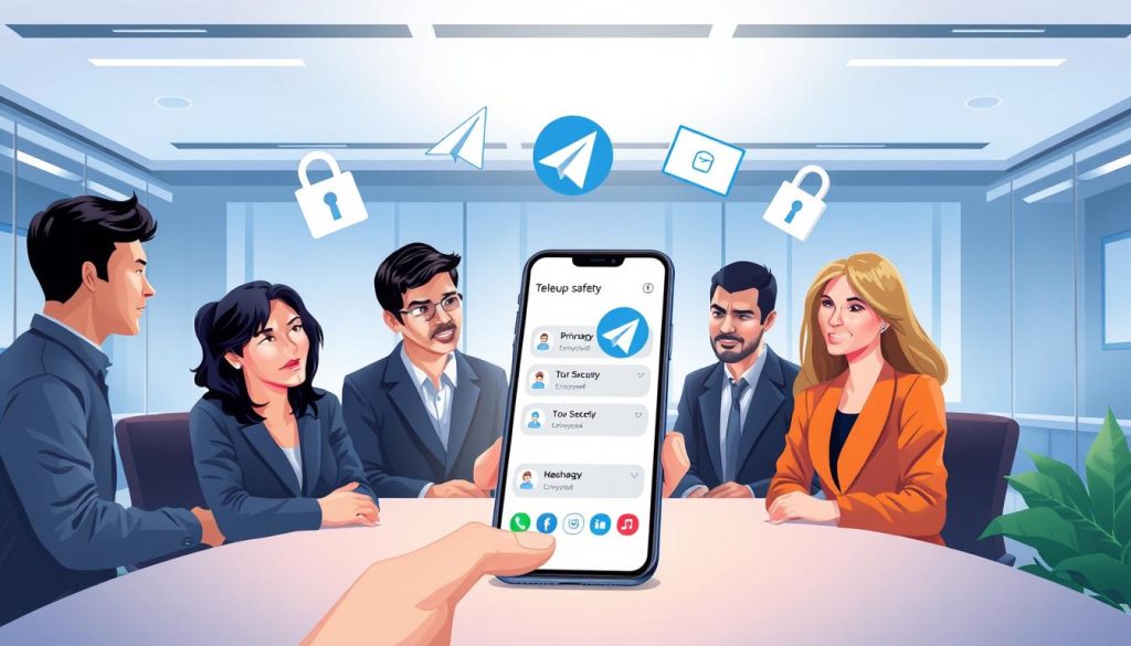 A digital illustration depicting the concept of "group safety" in a vibrant Telegram group setting. In the foreground, a diverse group of four professionals, dressed in business attire, engage in a discussion around a modern smartphone displaying the Telegram app. They are focused and animated, symbolizing teamwork and real-time collaboration. In the middle ground, stylized icons representing privacy, security locks, and encrypted communication float gently, emphasizing the core theme of safety and privacy. The background features a sleek office environment with soft blue and white lighting to create a calm, trustworthy atmosphere, highlighting the importance of digital security. The overall mood is serious yet collaborative, emphasizing the critical aspects of secure group communication.