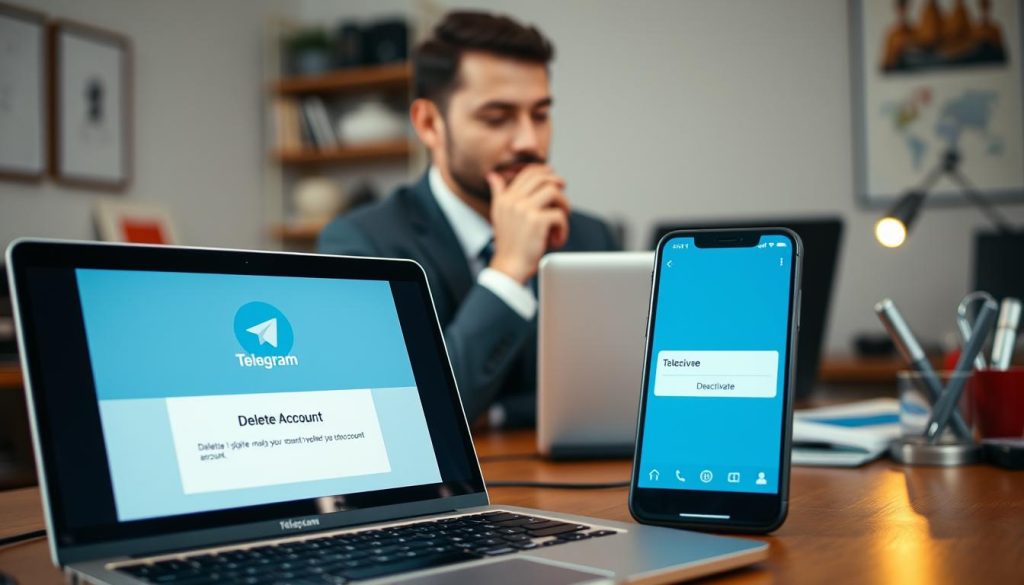 A digital workspace focused on the theme of deleting a Telegram account. In the foreground, a sleek laptop displays the Telegram logo and an email interface with a 'Delete Account' confirmation message. To the side, a smartphone shows the Telegram app with a prominent 'Deactivate' option. In the middle ground, a professional individual in business attire is thoughtfully looking at the laptop screen, with a contemplative expression, surrounded by a cozy office setting. The background features a well-organized desk with office supplies, soft ambient lighting creates a calm and focused atmosphere. The overall mood is informative and serious, emphasizing the task of managing online privacy and account deletion processes.