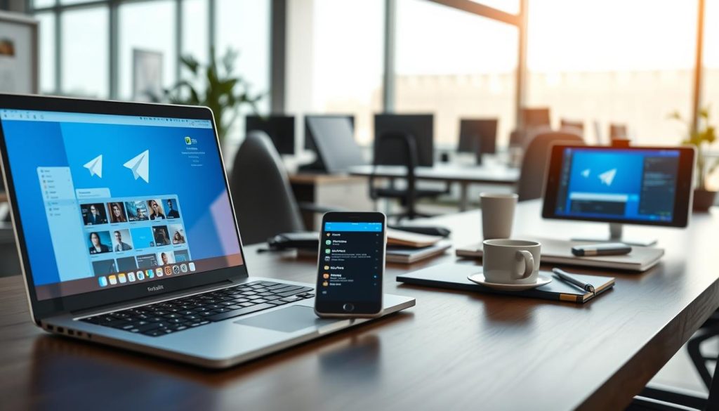 A digital workspace scene featuring a modern office environment, with multiple devices displaying the Telegram app. In the foreground, a sleek laptop with a vibrant blue screen showcasing multiple open Telegram windows, joined by a smartphone displaying notifications. In the middle, a stylish desk cluttered with business-related items, like a notepad and a coffee cup, conveying a sense of productivity. The background includes a large window with soft natural light streaming in, enhancing the atmosphere of a busy yet organized workspace. The overall mood is one of efficiency and modern communication, emphasizing the concept of multitasking and the capabilities of using Telegram on multiple platforms simultaneously. The image is well-lit, with a focus on clarity and detail, capturing the essence of technology in everyday work life.
