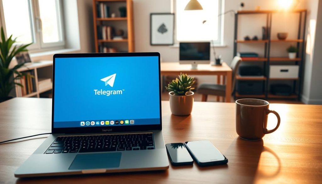 A digital workspace showcasing a sleek, modern desktop setup in a cozy home office environment. In the foreground, a laptop screen displays the Telegram logo and various app icons, symbolizing the process of downloading the application. A smartphone rests next to the laptop, emphasizing mobile connectivity. The middle section features an inviting wooden desk with a potted plant and a cup of coffee, creating a warm and productive atmosphere. Soft, natural lighting streams through a nearby window, highlighting the scene and casting gentle shadows. In the background, there are shelves filled with books and stylish decorative items. The overall mood is focused and inspiring, aimed at encouraging users to create their Telegram accounts with ease and enthusiasm. A digital workspace showcasing a sleek, modern desktop setup in a cozy home office environment. In the foreground, a laptop screen displays the Telegram logo and various app icons, symbolizing the process of downloading the application. A smartphone rests next to the laptop, emphasizing mobile connectivity. The middle section features an inviting wooden desk with a potted plant and a cup of coffee, creating a warm and productive atmosphere. Soft, natural lighting streams through a nearby window, highlighting the scene and casting gentle shadows. In the background, there are shelves filled with books and stylish decorative items. The overall mood is focused and inspiring, aimed at encouraging users to create their Telegram accounts with ease and enthusiasm.