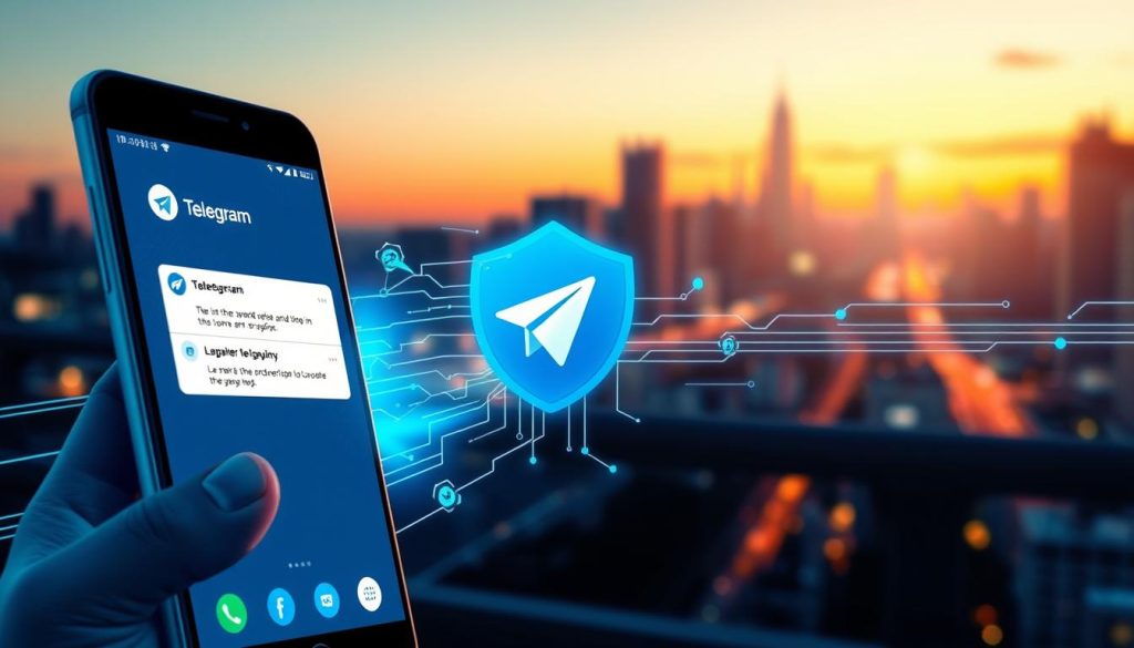 A dynamic digital illustration representing the speed and stability of Telegram. In the foreground, visualize a sleek smartphone displaying the Telegram app with rapid notifications popping up. The middle ground features a stylized depiction of a lightning bolt and a shield, symbolizing speed and security, intertwined with graphical elements that represent data flow, such as flowing lines and digital nodes. In the background, a blurred cityscape at twilight suggests a busy, interconnected world, illuminated by soft ambient lighting that enhances the modern technological feel. The overall atmosphere is energetic yet professional, reflecting the effectiveness and reliability of Telegram as a communication tool. The image should be vibrant, with striking contrasts to convey the essential advantages of Telegram.