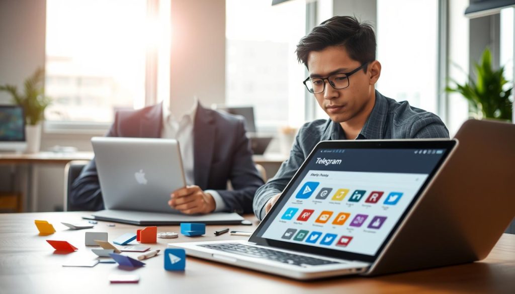 A dynamic scene of a modern workspace highlighting the use of Telegram's web interface for file transfer. In the foreground, a laptop is open, displaying the Telegram web app with vibrant icons for file sharing. Scattered around are various file types represented as colorful icons (documents, images, and videos). The middle ground features a focused professional, a young Asian man in smart casual attire, intently using the laptop with an expression of concentration. In the background, a bright office environment with soft natural lighting streaming through large windows, creating an inviting and productive atmosphere. The overall mood is one of efficiency and contemporary connectivity, symbolizing the ease of managing files through Telegram's web version. A dynamic scene of a modern workspace highlighting the use of Telegram's web interface for file transfer. In the foreground, a laptop is open, displaying the Telegram web app with vibrant icons for file sharing. Scattered around are various file types represented as colorful icons (documents, images, and videos). The middle ground features a focused professional, a young Asian man in smart casual attire, intently using the laptop with an expression of concentration. In the background, a bright office environment with soft natural lighting streaming through large windows, creating an inviting and productive atmosphere. The overall mood is one of efficiency and contemporary connectivity, symbolizing the ease of managing files through Telegram's web version.