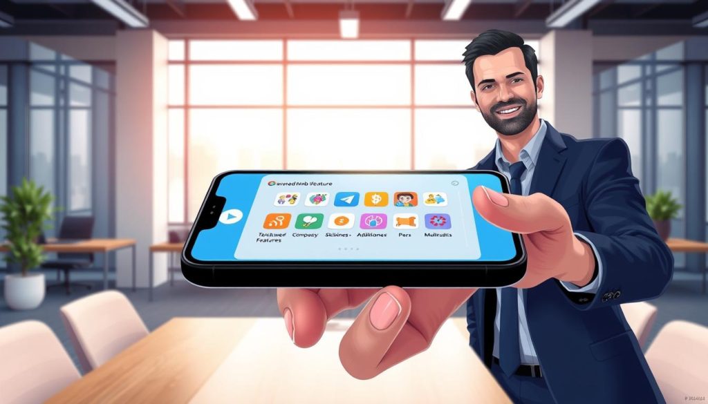 A high-resolution illustration of a smartphone displaying the Telegram app with the "Premium" feature highlighted. In the foreground, the smartphone is held by a professional-looking individual, dressed in business attire, showcasing a friendly and engaged demeanor. The middle layer features the vibrant Telegram interface, specifically showcasing advanced member features like custom stickers and additional perks, with colorful icons and an inviting design. In the background, a modern, well-lit office environment with a minimalist aesthetic creates a professional atmosphere, using soft, natural lighting that enhances the clarity of the smartphone screen. The overall mood is positive and informative, conveying the idea of connectivity and enhanced communication through the app. A high-resolution illustration of a smartphone displaying the Telegram app with the "Premium" feature highlighted. In the foreground, the smartphone is held by a professional-looking individual, dressed in business attire, showcasing a friendly and engaged demeanor. The middle layer features the vibrant Telegram interface, specifically showcasing advanced member features like custom stickers and additional perks, with colorful icons and an inviting design. In the background, a modern, well-lit office environment with a minimalist aesthetic creates a professional atmosphere, using soft, natural lighting that enhances the clarity of the smartphone screen. The overall mood is positive and informative, conveying the idea of connectivity and enhanced communication through the app.