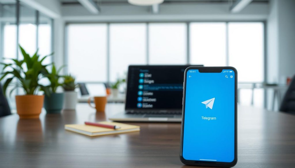 A modern Android smartphone displaying the Telegram app on the screen, set against a sleek, minimalist workspace. The foreground features the phone, its display clearly showing the Telegram logo and an open settings menu indicating automatic updates. In the middle, a soft-focus laptop and a couple of colorful notebooks provide context to the workspace, hinting at productivity. The background consists of a bright, well-lit office with potted plants and contemporary decor, evoking a professional atmosphere. The lighting is bright and even, creating a welcoming feel, while a shallow depth of field draws attention to the phone. The overall mood is efficient and tech-savvy, reflecting an easy and streamlined way to manage app updates on Android devices.