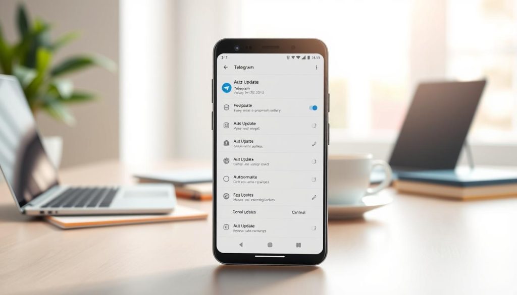 A modern digital illustration depicting the settings interface of the Telegram app, specifically highlighting the "Auto Update" feature. In the foreground, a smartphone displays the Telegram app’s settings screen with clear icons and options related to automatic updates. The middle ground features a desk with a laptop, notebooks, and a cup of coffee to suggest a workspace. The background includes a soft-focus blurred out window with natural light streaming in, creating a warm and inviting atmosphere. The overall mood is professional and tech-savvy, reflecting a sense of productivity and ease-of-use. The lighting is bright yet soft, emphasizing the clarity of the smartphone display, showcasing the app’s features attractively without any text or overlays.