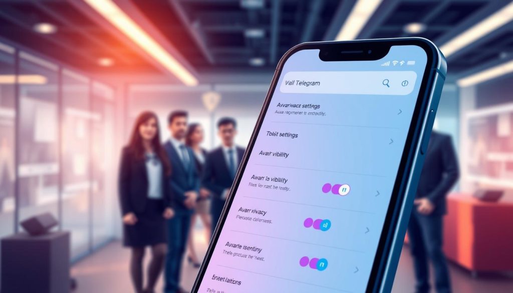 A modern digital illustration of a smartphone screen displaying the privacy settings of the Telegram app, focusing on avatar visibility options. In the foreground, the phone features a user-friendly interface with icons and toggles, elegantly designed in vibrant colors. The middle ground showcases blurred images of a diverse group of people in professional attire, symbolizing user privacy and anonymity. The background captures a tech-inspired workspace with subtle shadows, soft lighting, and warm tones, creating a secure and focused atmosphere. The composition conveys a sense of modernity and professionalism, inviting users to explore their privacy options effectively. A modern digital illustration of a smartphone screen displaying the privacy settings of the Telegram app, focusing on avatar visibility options. In the foreground, the phone features a user-friendly interface with icons and toggles, elegantly designed in vibrant colors. The middle ground showcases blurred images of a diverse group of people in professional attire, symbolizing user privacy and anonymity. The background captures a tech-inspired workspace with subtle shadows, soft lighting, and warm tones, creating a secure and focused atmosphere. The composition conveys a sense of modernity and professionalism, inviting users to explore their privacy options effectively.