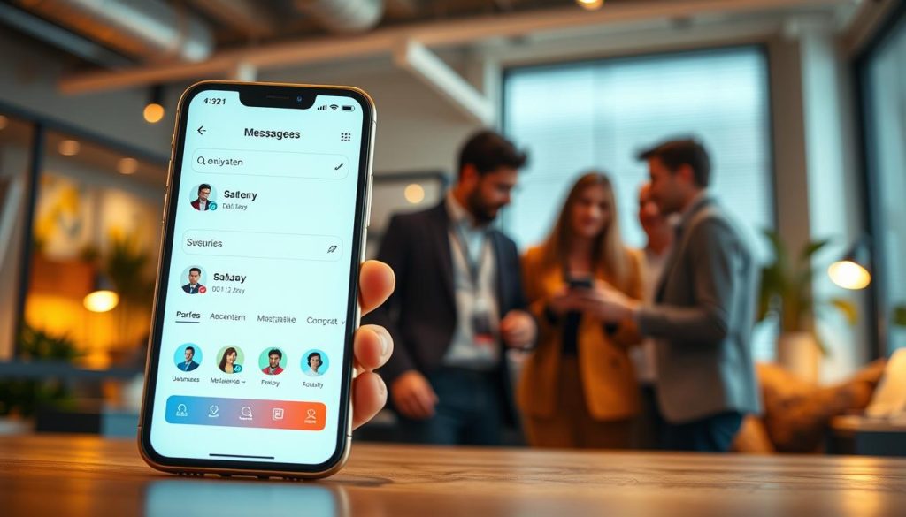A modern digital interface showcasing a user-friendly search feature for usernames within a messaging app. In the foreground, a sleek smartphone screen is illuminated, displaying an aesthetically pleasing layout with a clear search bar and profile icons. Users are depicted in the middle ground, a diverse group of individuals in professional attire, engaged in conversation while referencing the phone. The background features a cozy office environment with soft ambient lighting creating a productive atmosphere. The angle captures a slight perspective, making the device the focal point. Warm tones enhance the inviting mood, evoking a sense of connectivity and collaboration in the digital age. A modern digital interface showcasing a user-friendly search feature for usernames within a messaging app. In the foreground, a sleek smartphone screen is illuminated, displaying an aesthetically pleasing layout with a clear search bar and profile icons. Users are depicted in the middle ground, a diverse group of individuals in professional attire, engaged in conversation while referencing the phone. The background features a cozy office environment with soft ambient lighting creating a productive atmosphere. The angle captures a slight perspective, making the device the focal point. Warm tones enhance the inviting mood, evoking a sense of connectivity and collaboration in the digital age.