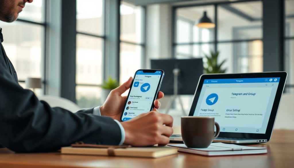 A modern digital workspace focused on managing a Telegram group. In the foreground, a person in professional business attire is interacting with a laptop, reviewing group settings on the Telegram app, with the screen visible showing various group management options. The middle layer features a smartphone displaying the Telegram interface, surrounded by coffee cups and notebooks, suggesting active engagement. The background includes a stylish, minimalistic office with soft, natural lighting filtering through large windows, creating a productive atmosphere. The mood is focused and professional, emphasizing the importance of effective group management and communication. The scene should have a sense of organization and clarity, aiding in visualizing the management and maintenance aspects of a Telegram group.