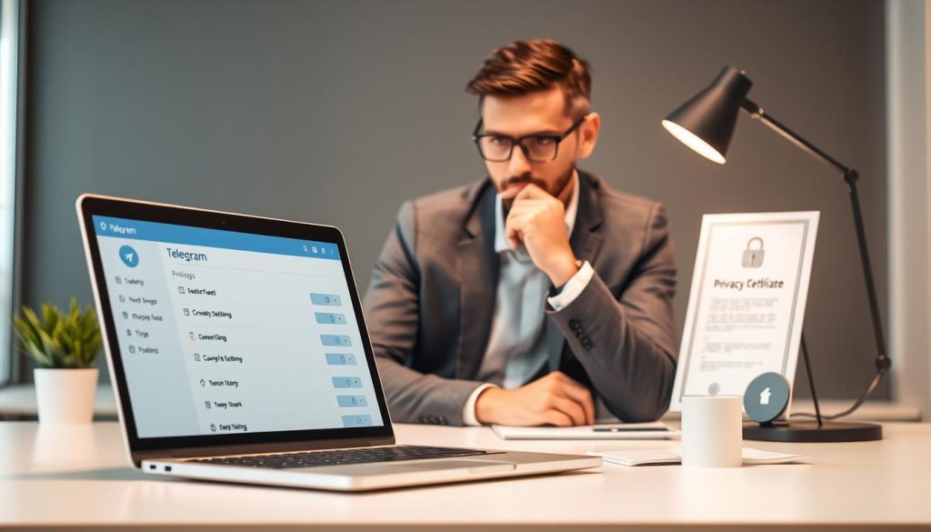A modern, digital workspace illustrating the concept of Telegram's privacy settings. In the foreground, a sleek laptop displays the Telegram interface with a focus on the privacy settings menu. The middle ground features a professional individual, dressed in smart casual attire, thoughtfully analyzing the display with an expression of concentration. In the background, a well-organized desk with privacy-themed elements like a locked padlock symbol and a digital privacy certificate adds depth to the scene. The lighting is soft yet bright, emanating from a nearby desk lamp, creating a warm and secure atmosphere. The composition should convey a sense of empowerment and control over one's digital privacy, with a clean and focused aesthetic. A modern, digital workspace illustrating the concept of Telegram's privacy settings. In the foreground, a sleek laptop displays the Telegram interface with a focus on the privacy settings menu. The middle ground features a professional individual, dressed in smart casual attire, thoughtfully analyzing the display with an expression of concentration. In the background, a well-organized desk with privacy-themed elements like a locked padlock symbol and a digital privacy certificate adds depth to the scene. The lighting is soft yet bright, emanating from a nearby desk lamp, creating a warm and secure atmosphere. The composition should convey a sense of empowerment and control over one's digital privacy, with a clean and focused aesthetic.