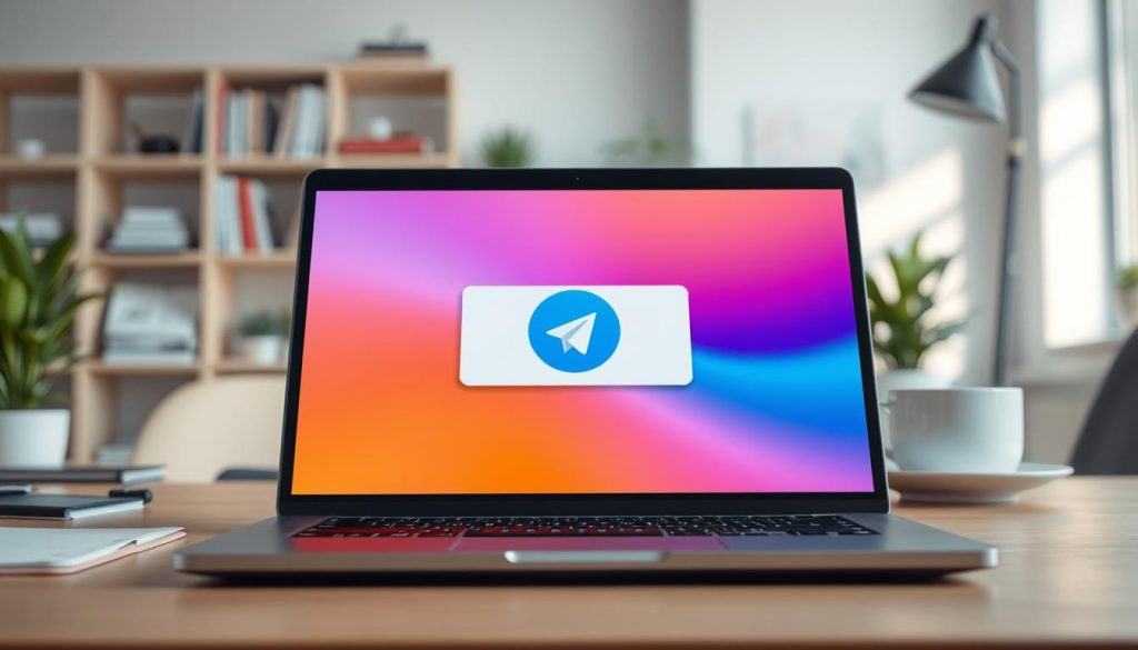 A modern digital workspace scene that illustrates the concept of automatic message deletion in a Telegram channel. In the foreground, a sleek laptop displays a vibrant Telegram interface with a notification icon symbolizing automatic message deletion. The middle layer features a warm, inviting desk setup with a smartphone and a cup of coffee, emphasizing productivity and organization. In the background, soft-focus office elements like shelves with books and plants create a professional atmosphere. Use natural lighting to enhance the sense of clarity, with soft shadows that add depth. The overall mood is efficient and forward-thinking, reflecting the innovative features of digital communication tools.