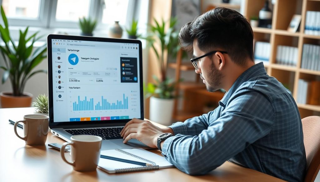 A modern digital workspace set up for managing a Telegram channel, featuring a sleek laptop with the Telegram interface displayed on the screen, showing statistical graphs and channel analytics. In the foreground, a professional, casually dressed person is focusing on the screen, surrounded by a notepad and coffee cup, embodying a productive atmosphere. The middle ground includes office plants and a clean desk setup, while the background consists of soft-focus bookshelves, adding warmth to the scene. Bright, natural lighting from a window creates a welcoming and vibrant mood. Use a slightly elevated angle to capture the workspace effectively, highlighting the tools and features available for channel management, emphasizing organization and modern technology. A modern digital workspace set up for managing a Telegram channel, featuring a sleek laptop with the Telegram interface displayed on the screen, showing statistical graphs and channel analytics. In the foreground, a professional, casually dressed person is focusing on the screen, surrounded by a notepad and coffee cup, embodying a productive atmosphere. The middle ground includes office plants and a clean desk setup, while the background consists of soft-focus bookshelves, adding warmth to the scene. Bright, natural lighting from a window creates a welcoming and vibrant mood. Use a slightly elevated angle to capture the workspace effectively, highlighting the tools and features available for channel management, emphasizing organization and modern technology.
