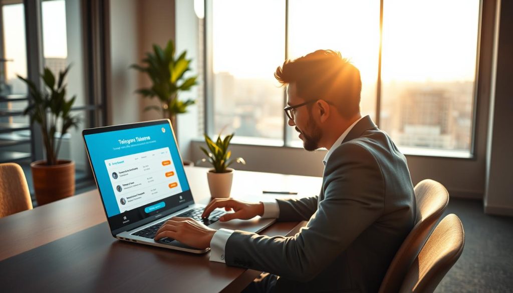 A modern, inviting office setting featuring a professional young adult in business attire, sitting at a sleek desk with a laptop open to the Telegram app. The foreground shows the individual focused on the screen, highlighting Telegram’s subscription options on a vibrant interface. In the middle, a potted plant adds a touch of greenery, enhancing the workspace ambiance. The background portrays a soft-focus view of a contemporary office with large windows revealing a sunny cityscape, creating an uplifting atmosphere. Warm, natural lighting filters through the windows, casting gentle shadows and providing a cozy, productive vibe. The overall mood is one of professionalism and clarity, perfectly capturing the essence of activating a Telegram membership. A modern, inviting office setting featuring a professional young adult in business attire, sitting at a sleek desk with a laptop open to the Telegram app. The foreground shows the individual focused on the screen, highlighting Telegram’s subscription options on a vibrant interface. In the middle, a potted plant adds a touch of greenery, enhancing the workspace ambiance. The background portrays a soft-focus view of a contemporary office with large windows revealing a sunny cityscape, creating an uplifting atmosphere. Warm, natural lighting filters through the windows, casting gentle shadows and providing a cozy, productive vibe. The overall mood is one of professionalism and clarity, perfectly capturing the essence of activating a Telegram membership.