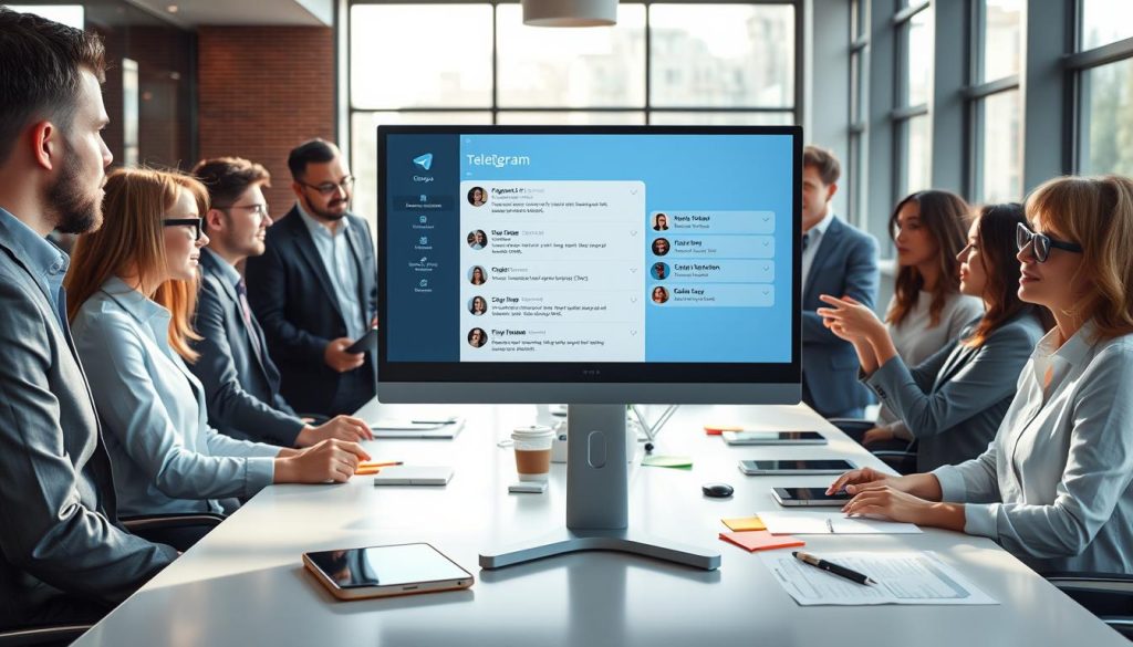 A modern office setting showing a computer screen displaying the Telegram app interface, highlighting chat groups and conversations. In the foreground, a diverse group of professionals, dressed in smart business attire, are engaged in a discussion, pointing towards the screen. The middle background features a sleek conference table with digital devices, colorful sticky notes, and documents, creating an organized workspace. Natural light pours in through large windows, casting soft shadows and enhancing the atmosphere of collaboration and productivity. The overall mood is focused and dynamic, emphasizing the practical applications of chat grouping in professional communication.