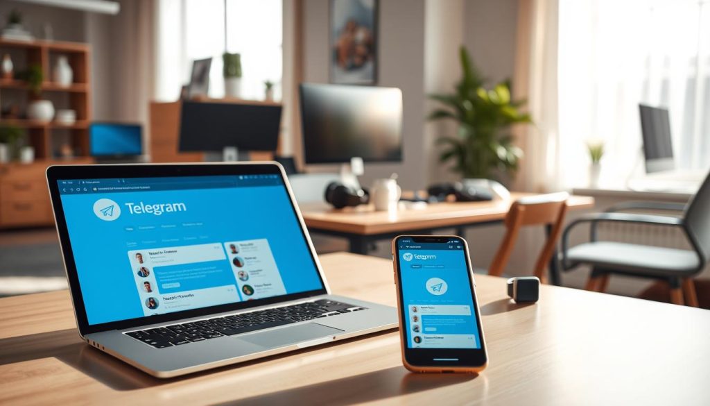 A modern office workspace featuring multiple devices displaying the Telegram interface on their screens. In the foreground, a sleek laptop and a smartphone show the Telegram app running, with distinct profiles visible on each device to illustrate multi-account usage. The middle ground features a stylish desk cluttered with tech gadgets, like headphones and a smartwatch. The background displays a large window letting in soft, natural light, casting gentle shadows across the room. The overall atmosphere is vibrant yet professional, reflecting a sense of productivity and innovation. The lighting is bright but not harsh, creating a warm, inviting feel, and the angle captures a close-up view of the devices, ensuring clarity in the app displays.