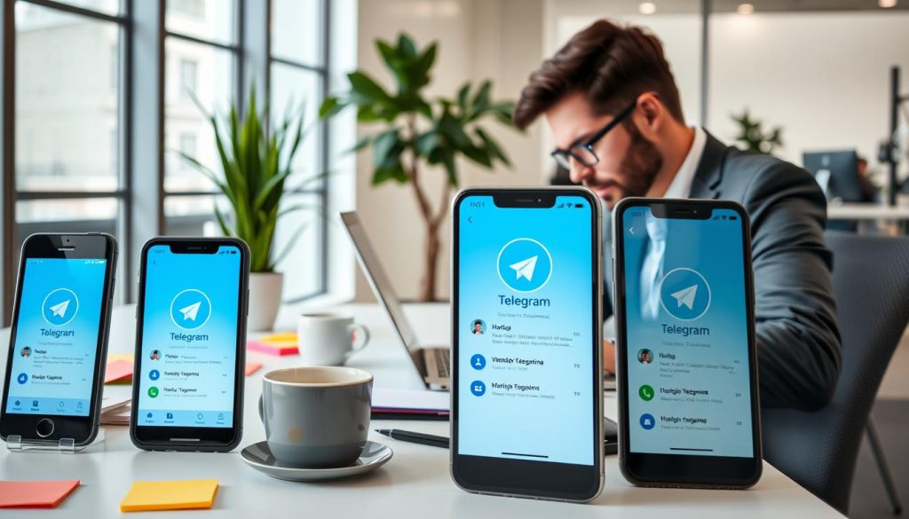 A modern, professional workspace featuring multiple smartphone devices displaying the Telegram app showcasing different user accounts. In the foreground, a businessperson in smart casual attire is focused on their tasks, typing on a laptop while occasionally checking the phones. The middle ground includes a stylish desk organized with colorful sticky notes, a coffee mug, and a potted plant, symbolizing productivity and multitasking. The background reveals a bright office with large windows allowing soft, natural light to flood the room, creating an inviting atmosphere. The overall mood is efficient and organized, illustrating the concept of managing multiple Telegram accounts effectively. The image should capture a sense of modern technology and connectivity, with a clear focus on the task at hand.