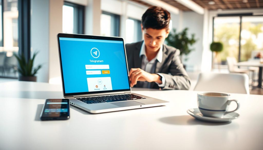 A modern workspace featuring a sleek laptop displaying the Telegram web interface on the screen. The foreground includes a clean desk with minimalistic design elements, a smartphone beside the laptop showing a notification, and a cup of coffee. In the middle ground, a focused individual in professional attire, either gender, is interacting with the laptop, reflecting concentration and engagement. The background consists of a bright, inviting office space with large windows casting natural light, providing a warm and productive atmosphere. Soft shadows enhance the depth of the scene, while a slight bokeh effect on the background emphasizes the primary interaction with the laptop. The overall mood is professional, encouraging, and tech-savvy, suitable for illustrating the process of accessing and logging into Telegram's web version. A modern workspace featuring a sleek laptop displaying the Telegram web interface on the screen. The foreground includes a clean desk with minimalistic design elements, a smartphone beside the laptop showing a notification, and a cup of coffee. In the middle ground, a focused individual in professional attire, either gender, is interacting with the laptop, reflecting concentration and engagement. The background consists of a bright, inviting office space with large windows casting natural light, providing a warm and productive atmosphere. Soft shadows enhance the depth of the scene, while a slight bokeh effect on the background emphasizes the primary interaction with the laptop. The overall mood is professional, encouraging, and tech-savvy, suitable for illustrating the process of accessing and logging into Telegram's web version.