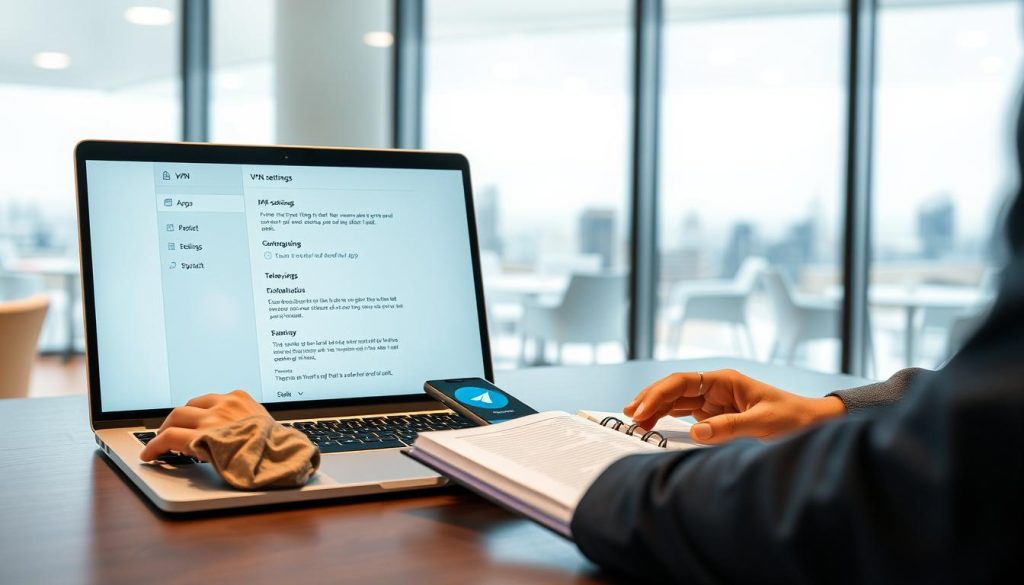 A modern workspace setting featuring a laptop displaying a "VPN settings" interface on the screen. In the foreground, a user, a professional in smart casual attire, is attentively configuring VPN settings, with their hands on the keyboard. The middle ground reveals a stylish desk with a smartphone displaying the Telegram app's logo next to an open notebook with notes about app preparation. The background features soft ambient lighting with a blurred cityscape through a large window, creating a focused and productive atmosphere. The scene should convey a sense of digital professionalism and readiness, emphasizing the importance of secure connections while preparing to download the Telegram Android version. The overall mood should be calm and organized, with a clean and modern aesthetic.