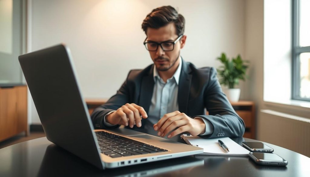 A person sitting at a modern desk, focusing intently on a digital device, trying to recover a Telegram account. The foreground features a laptop with the Telegram application open, displaying a login screen. In the middle, the individual is wearing professional business attire, their expression calm yet determined, fingers poised over the keyboard. The background showcases a sleek office environment with soft natural light filtering through a window, creating a warm, inviting atmosphere. The desk is organized with a few essential items, like a notepad, pen, and smartphone, symbolizing a professional workspace. The overall mood is one of problem-solving and professionalism, capturing the essence of tackling account recovery amidst challenges. A person sitting at a modern desk, focusing intently on a digital device, trying to recover a Telegram account. The foreground features a laptop with the Telegram application open, displaying a login screen. In the middle, the individual is wearing professional business attire, their expression calm yet determined, fingers poised over the keyboard. The background showcases a sleek office environment with soft natural light filtering through a window, creating a warm, inviting atmosphere. The desk is organized with a few essential items, like a notepad, pen, and smartphone, symbolizing a professional workspace. The overall mood is one of problem-solving and professionalism, capturing the essence of tackling account recovery amidst challenges.