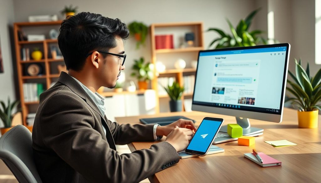 A professional and engaging workspace showcasing a person creating a Telegram group. In the foreground, a young adult in smart casual attire sits at a modern desk, focused on a laptop screen displaying the Telegram interface. The middle ground features colorful elements like sticky notes and a smartphone with the Telegram logo, symbolizing communication. In the background, a well-organized office with bookshelves and plants creates a cozy atmosphere. Soft, natural lighting illuminates the scene, casting gentle shadows that enhance the depth. The mood is productive and inviting, emphasizing collaboration and digital interaction in a contemporary environment. This image captures the essence of launching a Telegram group effectively.