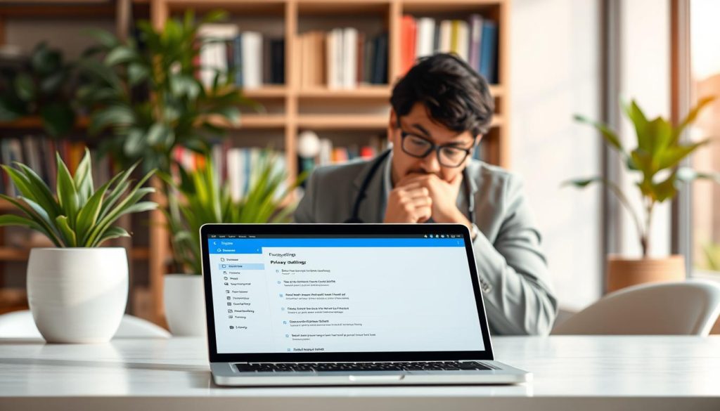 A professional and informative illustration depicting a Telegram privacy settings guide. In the foreground, a sleek laptop is open, displaying the Telegram app interface with clearly visible privacy settings sections highlighted. In the middle ground, a thoughtful individual dressed in business casual attire examines the laptop screen, intently focusing on the details. Surrounding them is a modern workspace, featuring plants and soft lighting to create a calm atmosphere. The background showcases a blurred bookshelf filled with technology and privacy-related books, enhancing the educational theme of the image. Soft, diffused light brings warmth to the scene, creating an inviting and focused mood, ideal for a guide on digital privacy. A professional and informative illustration depicting a Telegram privacy settings guide. In the foreground, a sleek laptop is open, displaying the Telegram app interface with clearly visible privacy settings sections highlighted. In the middle ground, a thoughtful individual dressed in business casual attire examines the laptop screen, intently focusing on the details. Surrounding them is a modern workspace, featuring plants and soft lighting to create a calm atmosphere. The background showcases a blurred bookshelf filled with technology and privacy-related books, enhancing the educational theme of the image. Soft, diffused light brings warmth to the scene, creating an inviting and focused mood, ideal for a guide on digital privacy.