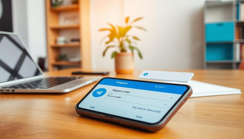A professional-looking smartphone screen displaying the Telegram registration interface, prominently featuring the app icon and fields for entering a phone number and verification code. In the foreground, the smartphone is placed on a wooden table with a stylish laptop and a notepad visible, symbolizing productivity. The middle layer includes a soft glow emanating from the screen, giving a sense of modern technology. In the background, a cozy home office setup is depicted with a plant and bookshelves, evoking a warm and inviting atmosphere. The lighting is bright but soft, creating a clear focus on the smartphone and registration screen. The overall mood is encouraging and user-friendly, inviting users to register their accounts easily.