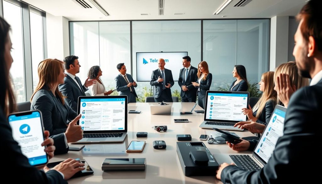 A professional office setting showcasing multiple devices, including smartphones and laptops, displaying the Telegram app interface with various accounts open. In the foreground, a diverse group of individuals, dressed in smart business attire, engage in a discussion, gesturing towards the screens. In the middle, a sleek conference table is adorned with tech gadgets, subtly reflecting the theme of efficiency and multitasking. The background features a modern office with large windows letting in natural light, creating an inviting atmosphere. Soft shadows add depth, while warm tones evoke a sense of connectedness and collaboration. The overall mood should feel dynamic and professional, emphasizing the capability of managing multiple Telegram accounts seamlessly.