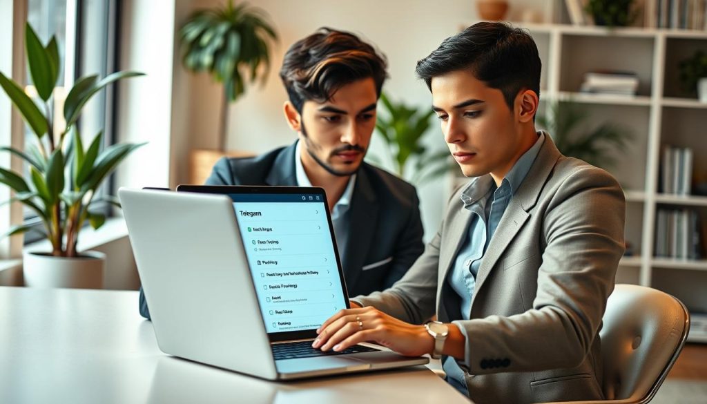 A professional young adult sitting at a stylish desk with a laptop, focused on adjusting privacy settings on Telegram. The foreground features the individual in smart casual attire, exuding concentration and determination, while the middle focuses on the glowing laptop screen showing a privacy menu icon. The background showcases a modern, well-lit home office with plants and bookshelves, creating an inviting yet productive atmosphere. Soft, warm lighting enhances the mood, while a shallow depth of field blurs the background slightly, putting emphasis on the subject's facial expression and the laptop. The image conveys a sense of empowerment and awareness about digital privacy. A professional young adult sitting at a stylish desk with a laptop, focused on adjusting privacy settings on Telegram. The foreground features the individual in smart casual attire, exuding concentration and determination, while the middle focuses on the glowing laptop screen showing a privacy menu icon. The background showcases a modern, well-lit home office with plants and bookshelves, creating an inviting yet productive atmosphere. Soft, warm lighting enhances the mood, while a shallow depth of field blurs the background slightly, putting emphasis on the subject's facial expression and the laptop. The image conveys a sense of empowerment and awareness about digital privacy.