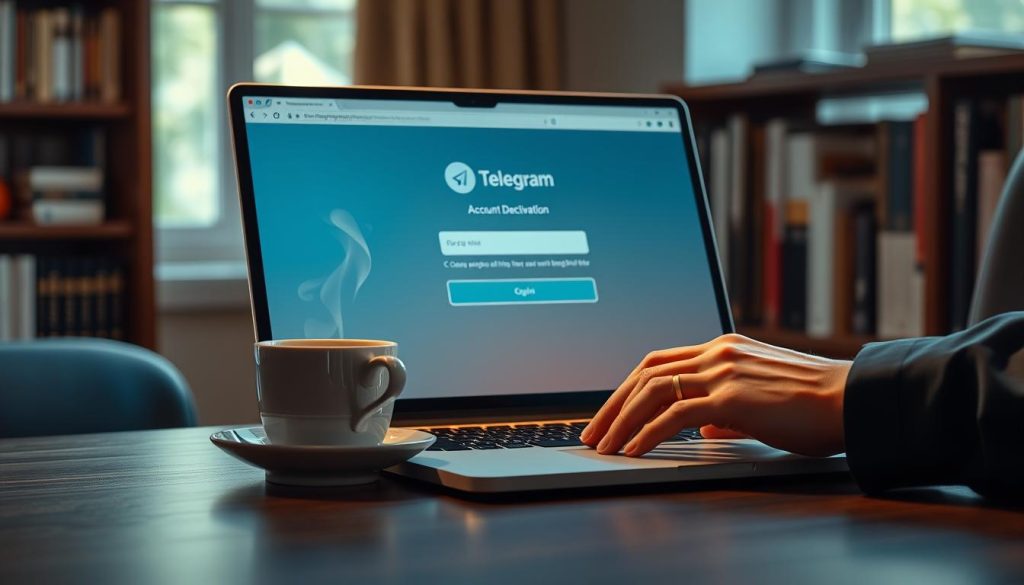 A serene digital workspace depicting an elegant desk with a laptop open on a vibrant Telegram login page displaying an account deactivation screen. In the foreground, a pair of hands, casually but professionally dressed, thoughtfully rests on the keyboard, symbolizing a moment of reflection. In the middle ground, a calming cup of coffee steams gently beside the laptop, conveying a sense of waiting and contemplation during the "cooling-off" period. The background features a softly blurred bookshelf filled with books on technology and communication, hinting at knowledge. Soft natural light filters through a nearby window, creating a tranquil and introspective atmosphere. The overall mood is one of calm decision-making and clarity, illustrating the importance of taking time to understand the implications of account deletion.