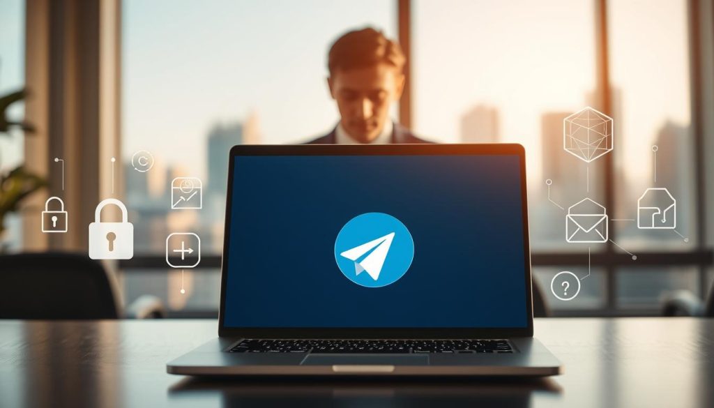 A serene office environment illustrating the concept of privacy protection in digital communication. In the foreground, a sleek laptop with the Telegram logo on the screen, surrounded by abstract icons representing data encryption and privacy (like padlocks and shields). The middle ground features a professional in business attire, focused on the laptop, symbolizing awareness of data management post-account deletion. The background shows a blurred window view of a modern cityscape bathed in soft natural light, creating an atmosphere of calm and vigilance. The lighting is warm and inviting, emphasizing professionalism and security. The overall mood reflects trust and the importance of protecting personal information in today's digital age.