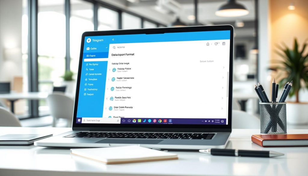 A sleek and modern desktop setup featuring the Telegram desktop application open on a computer screen, displaying an interface with options for data export in a visually organized layout. In the foreground, there is a stylish laptop with a clear view of the data export format selection menu, featuring user-friendly icons and checkboxes. The middle ground shows a well-lit desk with organizational tools like a notebook and a stylish pen, enhancing the productivity vibe. The background includes a softly blurred office environment with a large window letting in natural light, creating a warm and inviting atmosphere. The scene is elevated with soft shadows and a gentle focus on the laptop's screen, reflecting a professional yet approachable setting, ideal for users learning about data export in Telegram. A sleek and modern desktop setup featuring the Telegram desktop application open on a computer screen, displaying an interface with options for data export in a visually organized layout. In the foreground, there is a stylish laptop with a clear view of the data export format selection menu, featuring user-friendly icons and checkboxes. The middle ground shows a well-lit desk with organizational tools like a notebook and a stylish pen, enhancing the productivity vibe. The background includes a softly blurred office environment with a large window letting in natural light, creating a warm and inviting atmosphere. The scene is elevated with soft shadows and a gentle focus on the laptop's screen, reflecting a professional yet approachable setting, ideal for users learning about data export in Telegram.