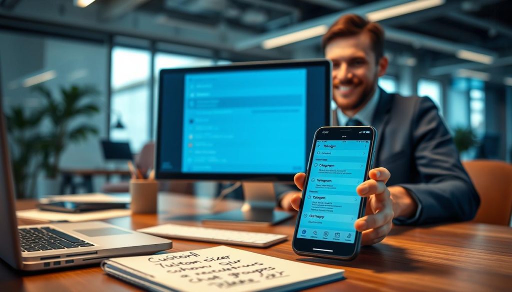 A sleek and modern office environment featuring a computer screen displaying the Telegram chat settings interface. In the foreground, a close-up of a well-organized desktop with a laptop, a smartphone displaying the Telegram app, and a notepad with scribbled notes on customizing chat groups. The middle ground shows a blurred view of a professional, dressed in smart casual attire, thoughtfully adjusting the settings on their device, with a subtle smile reflecting satisfaction. The background showcases a contemporary office with soft, ambient lighting, emphasizing a productive mood. Use a wide-angle lens perspective to capture the workspace, while achieving a focus on both the digital interface and the human element, creating a harmonious atmosphere of technology and personalization.