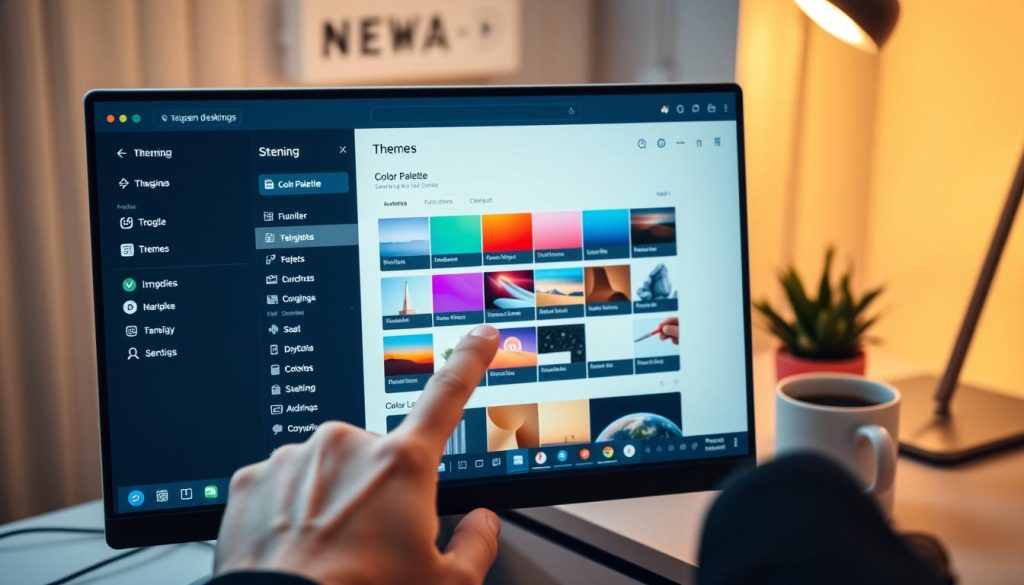 A sleek, modern desktop screen displaying the Telegram desktop application with a focus on the theme settings interface. In the foreground, a hand is reaching toward the screen, clicking on the color palette option. The middle layer features the vibrant theme options in a visually appealing layout, showcasing various colors and styles. The background includes a softly blurred workspace, with a minimalistic desk setup, a potted plant, and a cup of coffee to create a cozy atmosphere. The lighting is warm and inviting, conveying a sense of productivity and creativity, with a slight bokeh effect to keep the focus on the screen. The overall mood is professional yet approachable, perfect for guiding readers through theme customization. A sleek, modern desktop screen displaying the Telegram desktop application with a focus on the theme settings interface. In the foreground, a hand is reaching toward the screen, clicking on the color palette option. The middle layer features the vibrant theme options in a visually appealing layout, showcasing various colors and styles. The background includes a softly blurred workspace, with a minimalistic desk setup, a potted plant, and a cup of coffee to create a cozy atmosphere. The lighting is warm and inviting, conveying a sense of productivity and creativity, with a slight bokeh effect to keep the focus on the screen. The overall mood is professional yet approachable, perfect for guiding readers through theme customization.