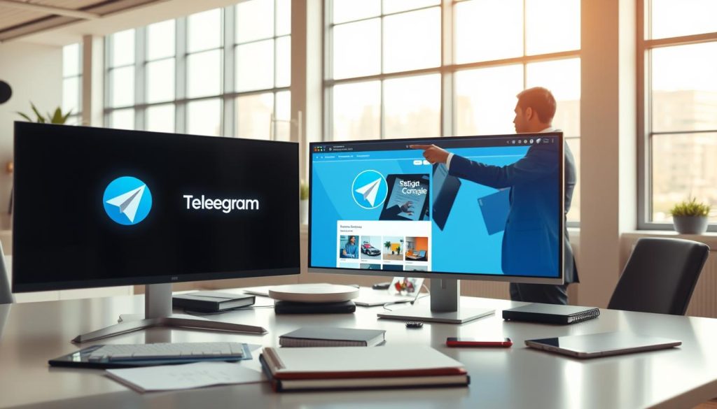 A sleek, modern workspace with a digital screen prominently displaying the Telegram logo and its official website interface. In the foreground, a professional person in business attire, attentively pointing at the screen, embodies engagement with technology. The middle ground features a contemporary desk cluttered with productivity tools, such as a notebook and a smartphone, emphasizing a tech-savvy atmosphere. In the background, large windows let in soft, natural light, creating a warm and inviting ambiance. The overall mood is focused and forward-thinking, suggesting a blend of professionalism and innovation. Captured from a slightly elevated angle to enhance depth, the composition is visually appealing without any text or distractions.